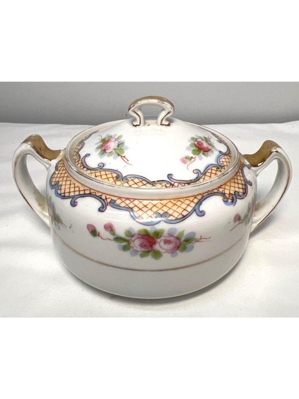 Nippon Vintage Hand-Painted Porcelain Sugar Bowl With Lid & Floral Design